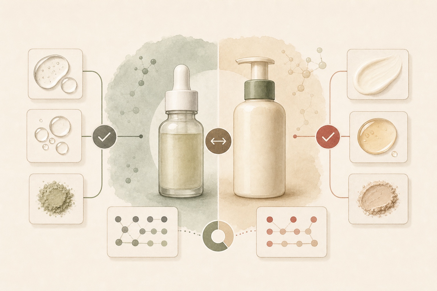 Two generic skincare products connected to ingredient and match signals.