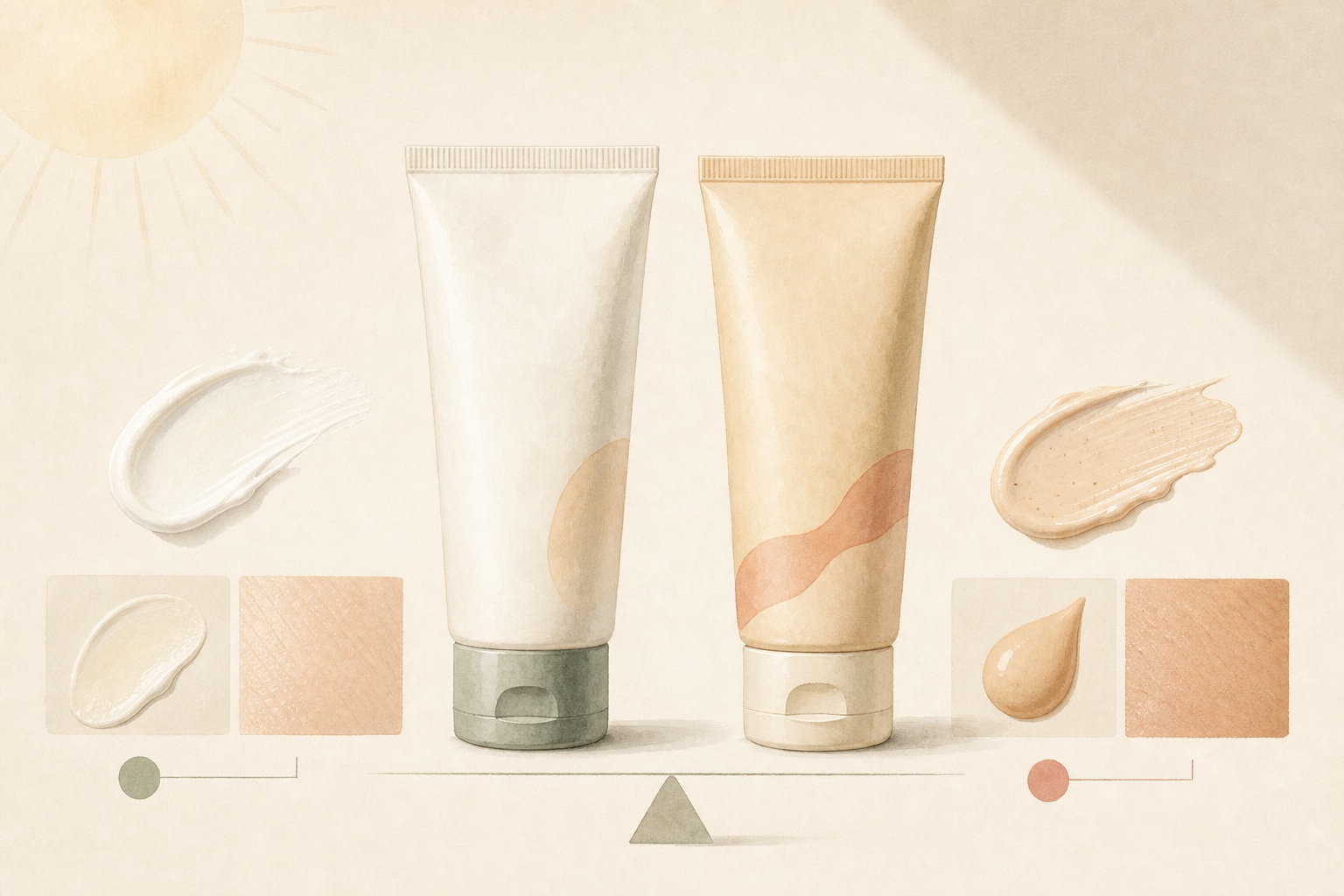 Two generic sunscreen tubes with finish swatches.